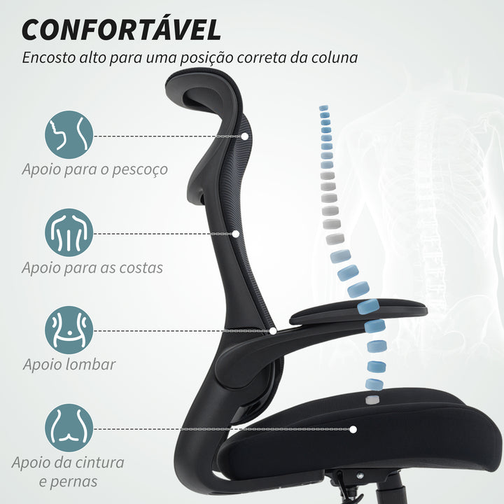 Cadeira de Escritório Ergonómica Cadeira de Escritório Giratória com Suporte Lombar e Apoios de Braços 3D Dobráveis Apoio de Cabeça Integrado Função de Basculante e Altura Ajustável 64x65x108-118 cm Preto