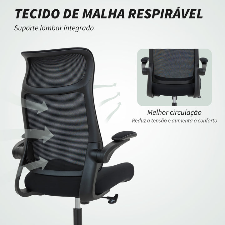Cadeira de Escritório Ergonómica Cadeira de Escritório Giratória com Suporte Lombar e Apoios de Braços 3D Dobráveis Apoio de Cabeça Integrado Função de Basculante e Altura Ajustável 64x65x108-118 cm Preto
