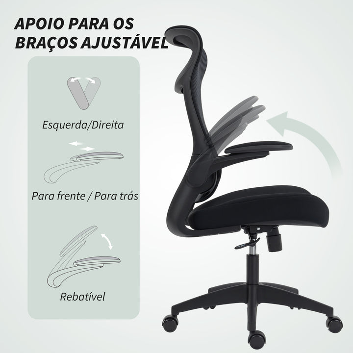 Cadeira de Escritório Ergonómica Cadeira de Escritório Giratória com Suporte Lombar e Apoios de Braços 3D Dobráveis Apoio de Cabeça Integrado Função de Basculante e Altura Ajustável 64x65x108-118 cm Preto
