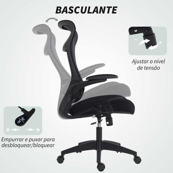 Cadeira de Escritório Ergonómica Cadeira de Escritório Giratória com Suporte Lombar e Apoios de Braços 3D Dobráveis Apoio de Cabeça Integrado Função de Basculante e Altura Ajustável 64x65x108-118 cm Preto