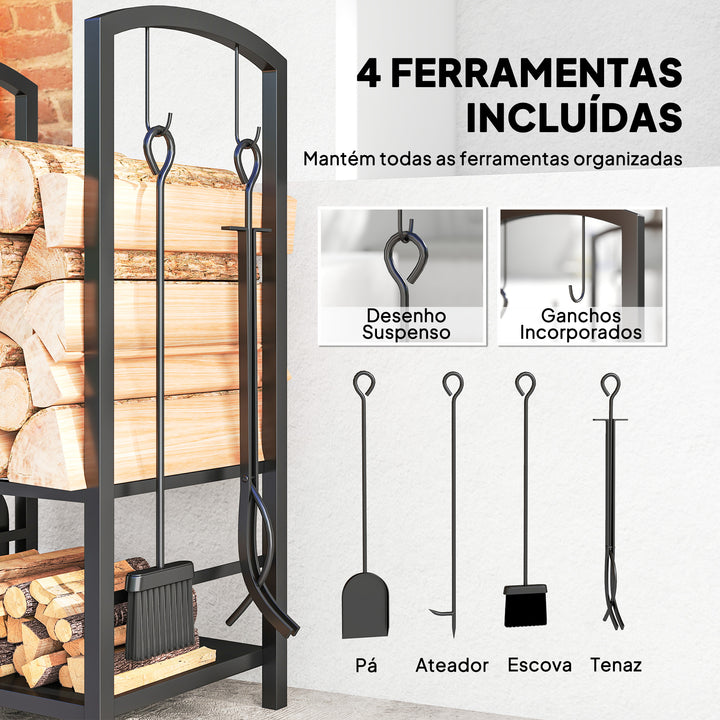 Suporte para Lenha de 2 Níveis Porta Lenha Exterior e Interior Metálico com 4 Ferramentas para Lareira Carga Máx. 100kg 40x30x74,5cm Preto