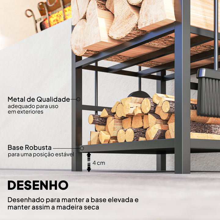 Suporte para Lenha de 2 Níveis Porta Lenha Exterior e Interior Metálico com 4 Ferramentas para Lareira Carga Máx. 100kg 40x30x74,5cm Preto