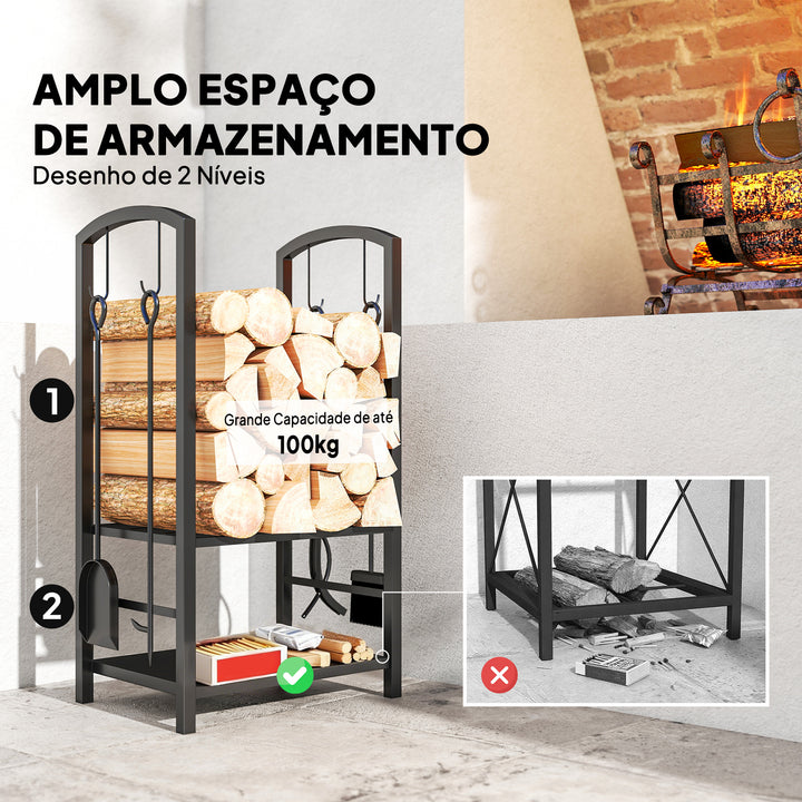Suporte para Lenha de 2 Níveis Porta Lenha Exterior e Interior Metálico com 4 Ferramentas para Lareira Carga Máx. 100kg 40x30x74,5cm Preto
