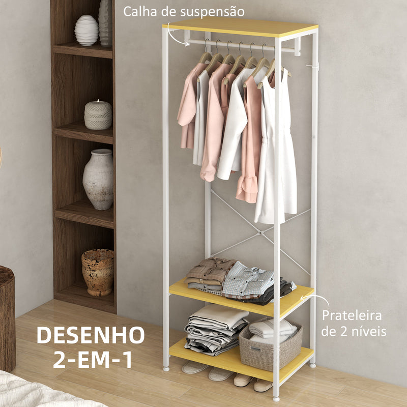 Suporte para Cabide com Barra Suspensa e 2 Estantes de Armazenamento para 6 Pares de Sapatos para Entrada Corredor Quarto 60x40x167,5 cm Natural e Branco