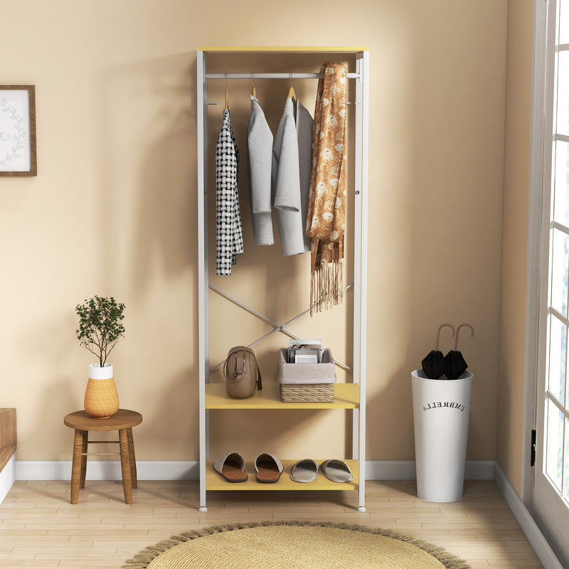 Suporte para Cabide com Barra Suspensa e 2 Estantes de Armazenamento para 6 Pares de Sapatos para Entrada Corredor Quarto 60x40x167,5 cm Natural e Branco