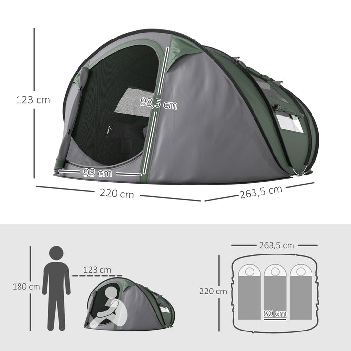 Tenda de Campismo Pop-up para 4-5 Pessoas Tenda de Campismo Instantânea com Janelas Bolsos e Bolsa de Transporte Impermeável Anti-UV 263,5x220x123 cm Verde e Cinzento