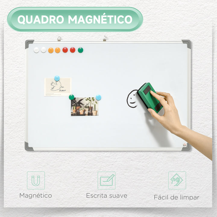 Quadro Magnético com Estrutura de Liga de Alumínio 90x60 cm Quadro Magnético com Apagador 4 Marcadores e 10 Ímás para Escritório Casa Branco