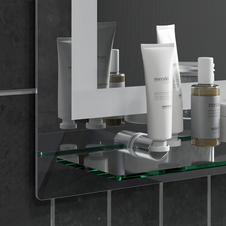 Espelho de Casa de Banho com Luzes LED 50x70 cm Espelho para Casa de Banho com Moldura de Alumínio, Interruptor Tátil e Prateleira de Vidro para Sala de Estar, Entrada, Prata.