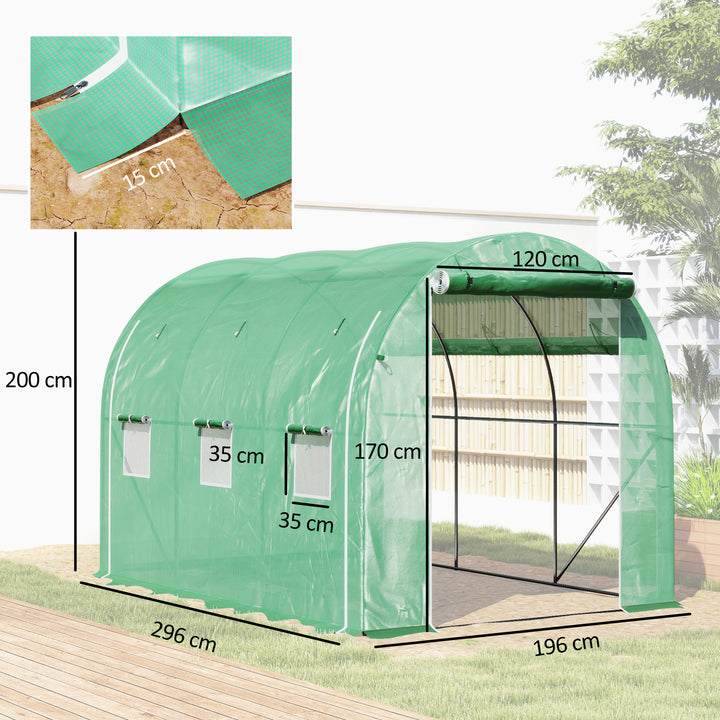 Estufa Tipo Túnel 296x196x200 cm Estufa de Jardim com 3 Portas e 6 Janelas Enroláveis Estufa com Teto Curvo para Cultivo de Plantas Flores Verde
