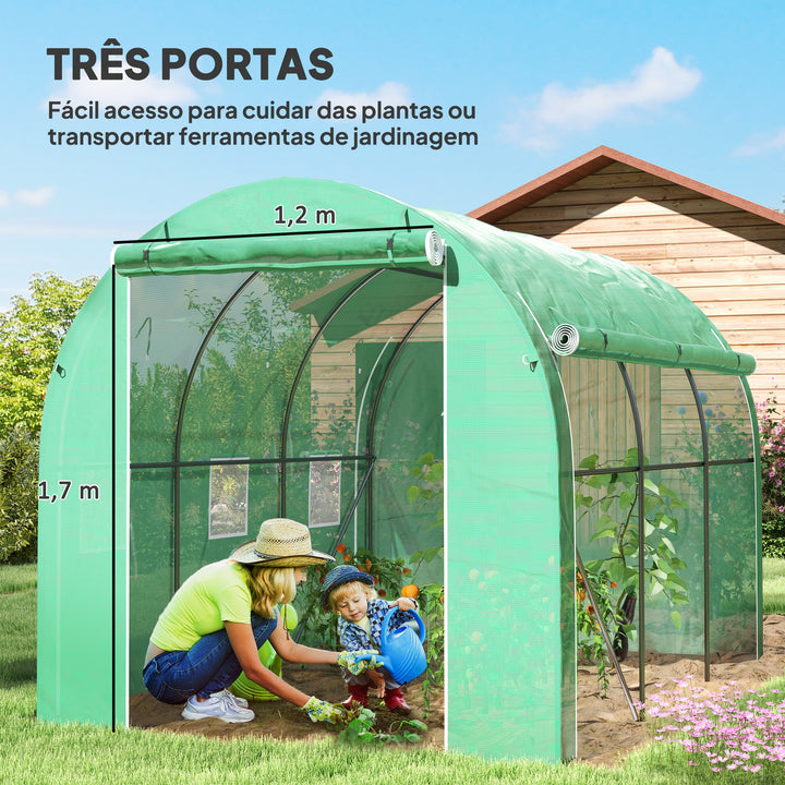 Estufa Tipo Túnel 296x196x200 cm Estufa de Jardim com 3 Portas e 6 Janelas Enroláveis Estufa com Teto Curvo para Cultivo de Plantas Flores Verde