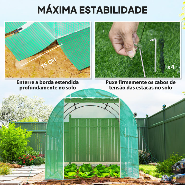 Estufa Tipo Túnel 296x196x200 cm Estufa de Jardim com 3 Portas e 6 Janelas Enroláveis Estufa com Teto Curvo para Cultivo de Plantas Flores Verde