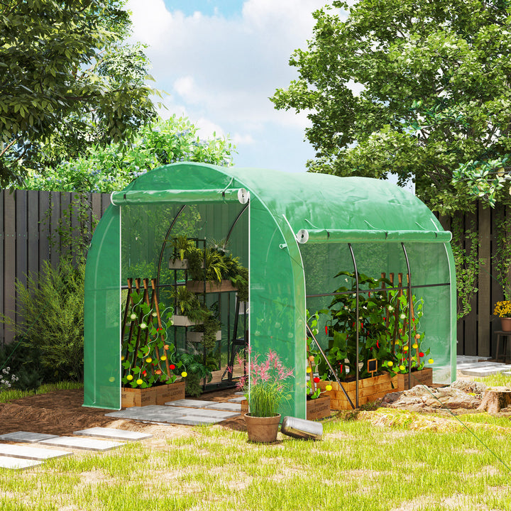 Estufa Tipo Túnel 296x196x200 cm Estufa de Jardim com 3 Portas e 6 Janelas Enroláveis Estufa com Teto Curvo para Cultivo de Plantas Flores Verde