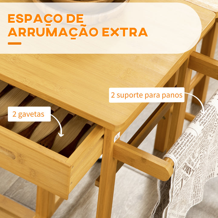 Conjunto de Mesa Alta de Bar e 2 Bancos Mesa de Cozinha Alta em Bambu com Rodas Tampo Dobrável Poupa Espaço Gavetas Toalheiros e Apoio para Pés Madeira