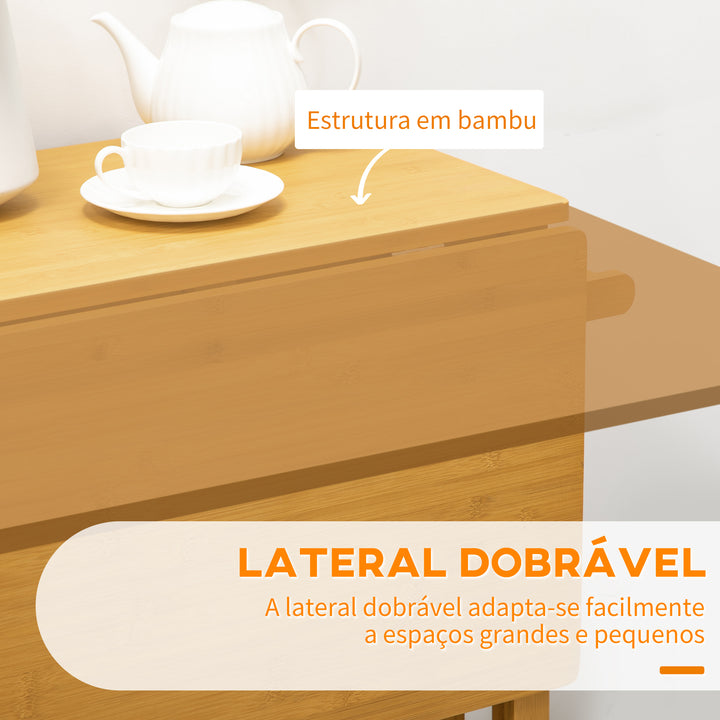 Conjunto de Mesa Alta de Bar e 2 Bancos Mesa de Cozinha Alta em Bambu com Rodas Tampo Dobrável Poupa Espaço Gavetas Toalheiros e Apoio para Pés Madeira