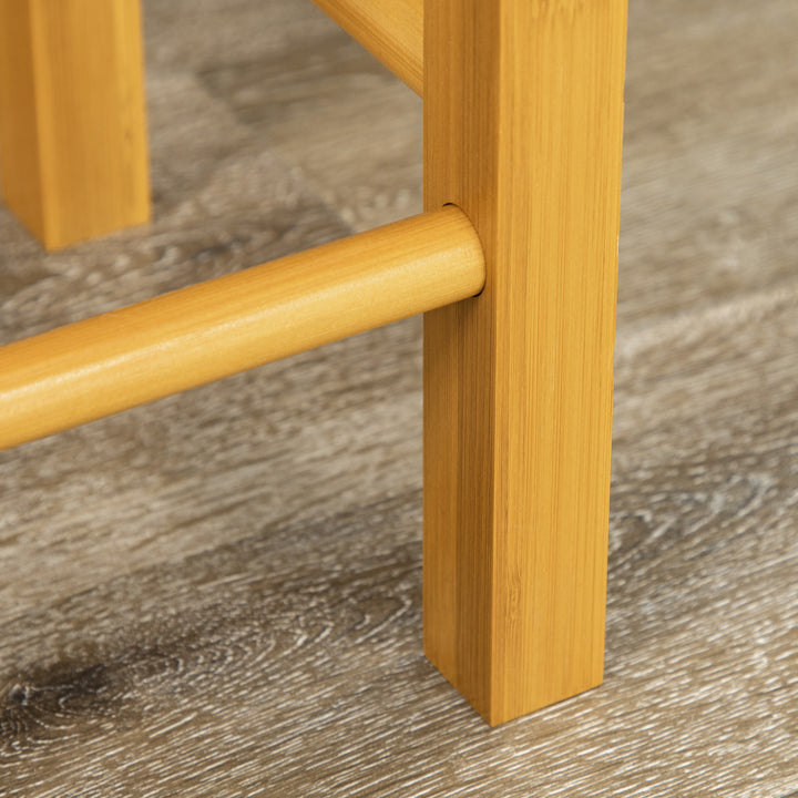 Conjunto de Mesa Alta de Bar e 2 Bancos Mesa de Cozinha Alta em Bambu com Rodas Tampo Dobrável Poupa Espaço Gavetas Toalheiros e Apoio para Pés Madeira