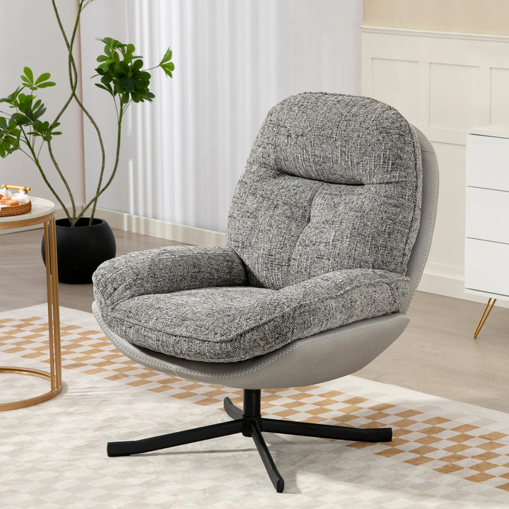Poltrona Giratória Moderna Poltrona de Sala com Base Cruzada Estofada em Chenille e Couro PU Assento Largo Duplo Pernas de Aço e Apoios de Braço Poltrona Relax para Sala de Estar Quarto 78x95x99 cm Cinza