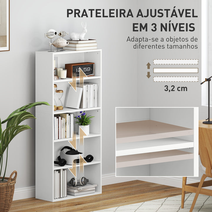 Estante de 5 Níveis Estante para Livros com 2 Prateleiras Ajustáveis para Sala de Estar Escritório Quarto 60x24x133,5 cm Branco