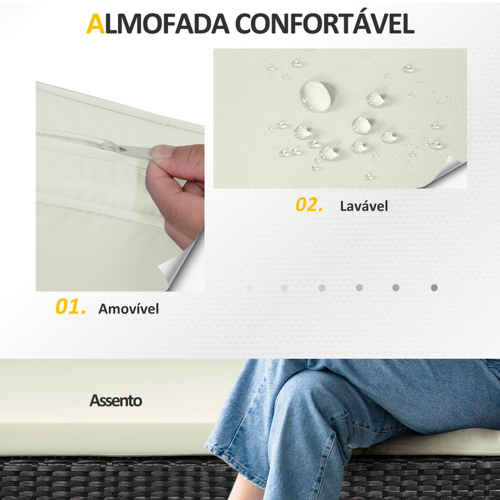 Conjunto de Jardim de Vime Sintético Conjunto de 4 Peças Móveis de Jardim com 2 Poltronas 1 Sofá Duplo 1 Mesa de Centro com Tampo de Vidro e Almofadas Preto e Creme