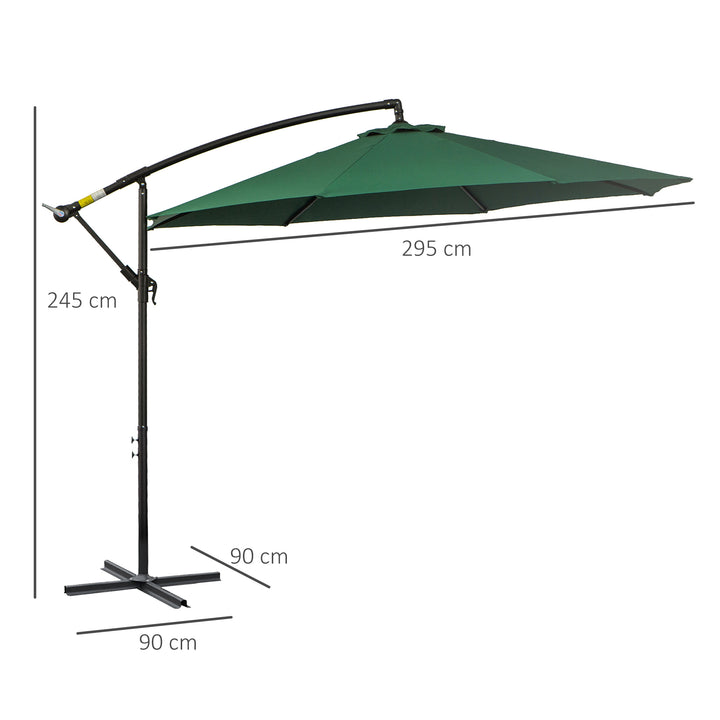 Chapéu de Sol de Jardim Ø295x245cm Chapéu de Sol Excêntrico Inclinável com Manivela Base Cruzada Suporte de Aço e Proteção Solar para Terraço Exterior Verde