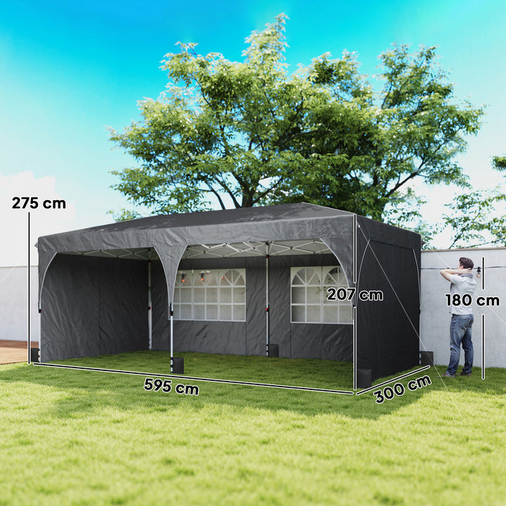 Tenda Dobrável 6x3 m Pop-up com 4 Laterais Amovíveis Tenda de Jardim com Faixas Refletoras Altura Ajustável Sistema Central de Bloqueio UPF50+ Impermeável Bolsa de Transporte Cinzento