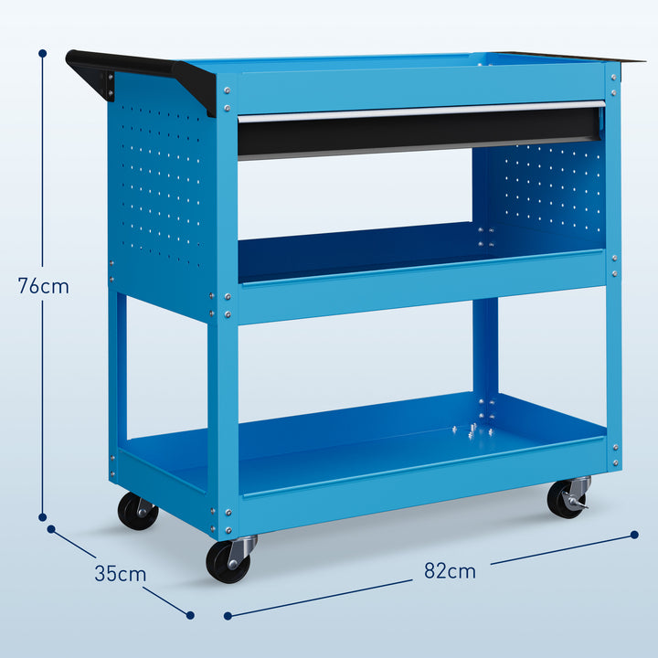 Carrinho de Ferramentas Carrinho de Oficina com 3 Bandejas e Gaveta Rodas com Travões Pega Lateral Painel Lateral Perfurado para Garagem Mecânica Casa 82x35x76 cm Azul