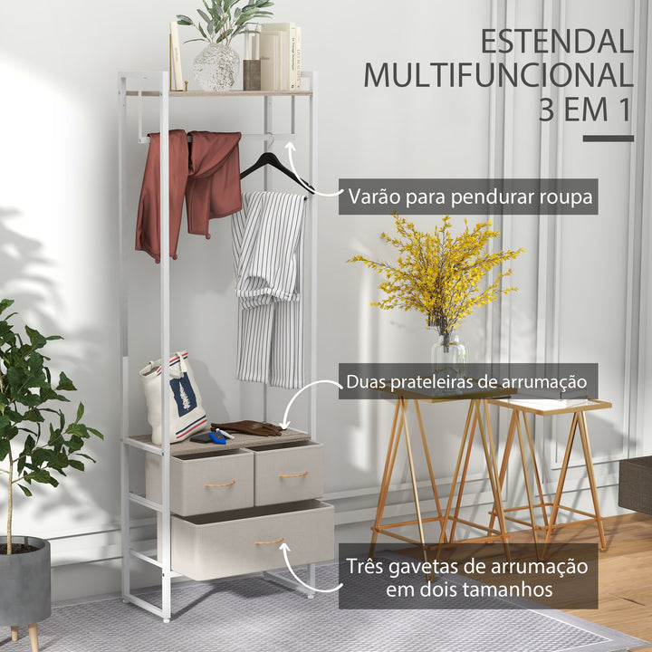 Suporte para Cabides com 3 Gavetas de Tecido Barra para Pendurar e Prateleira de Armazenamento para Entrada Quarto Sala 58,5x30x178 cm Natural