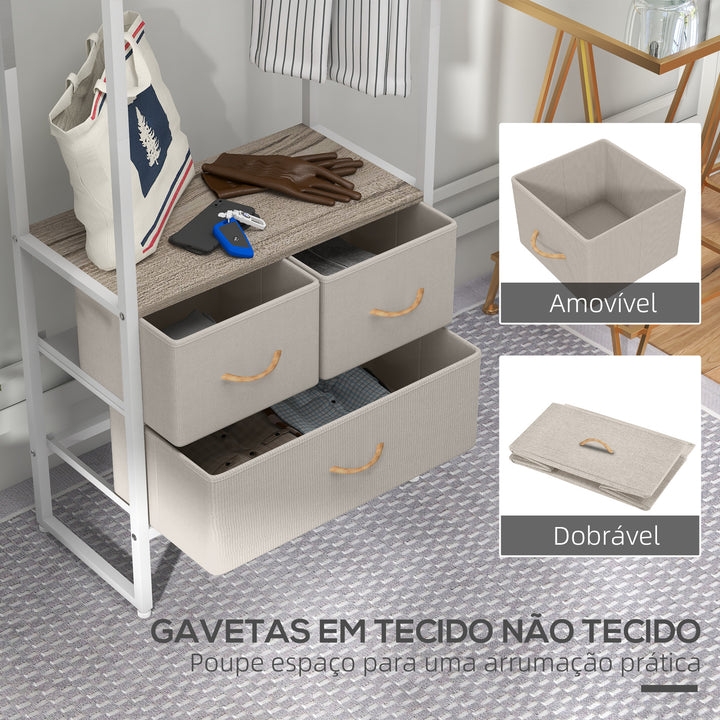 Suporte para Cabides com 3 Gavetas de Tecido Barra para Pendurar e Prateleira de Armazenamento para Entrada Quarto Sala 58,5x30x178 cm Natural