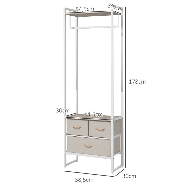 Suporte para Cabides com 3 Gavetas de Tecido Barra para Pendurar e Prateleira de Armazenamento para Entrada Quarto Sala 58,5x30x178 cm Natural