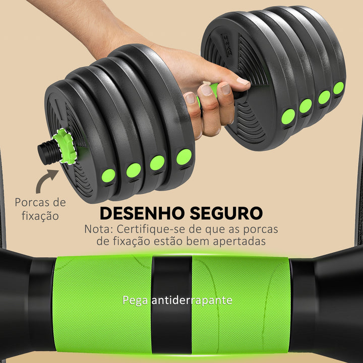 Conjunto de Halteres Ajustáveis 3 em 1 30 kg Conjunto de Pesos com Barras de Conexão e Pegas Antiderrapantes Pesos e Halteres para Exercício de Fitness Ginásio em Casa
