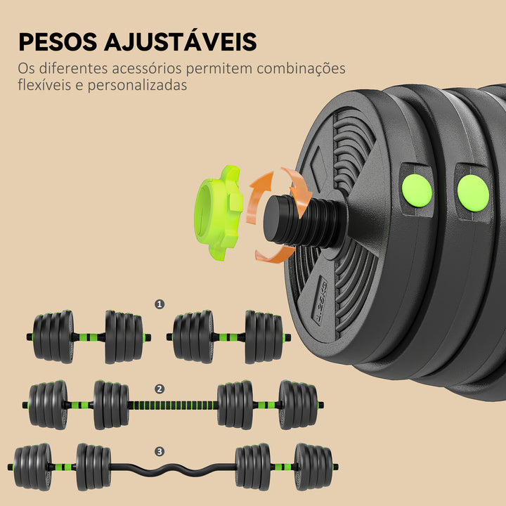 Conjunto de Halteres Ajustáveis 3 em 1 30 kg Conjunto de Pesos com Barras de Conexão e Pegas Antiderrapantes Pesos e Halteres para Exercício de Fitness Ginásio em Casa