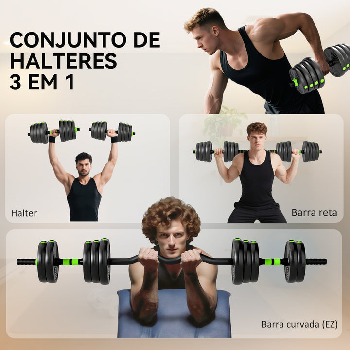Conjunto de Halteres Ajustáveis 3 em 1 30 kg Conjunto de Pesos com Barras de Conexão e Pegas Antiderrapantes Pesos e Halteres para Exercício de Fitness Ginásio em Casa