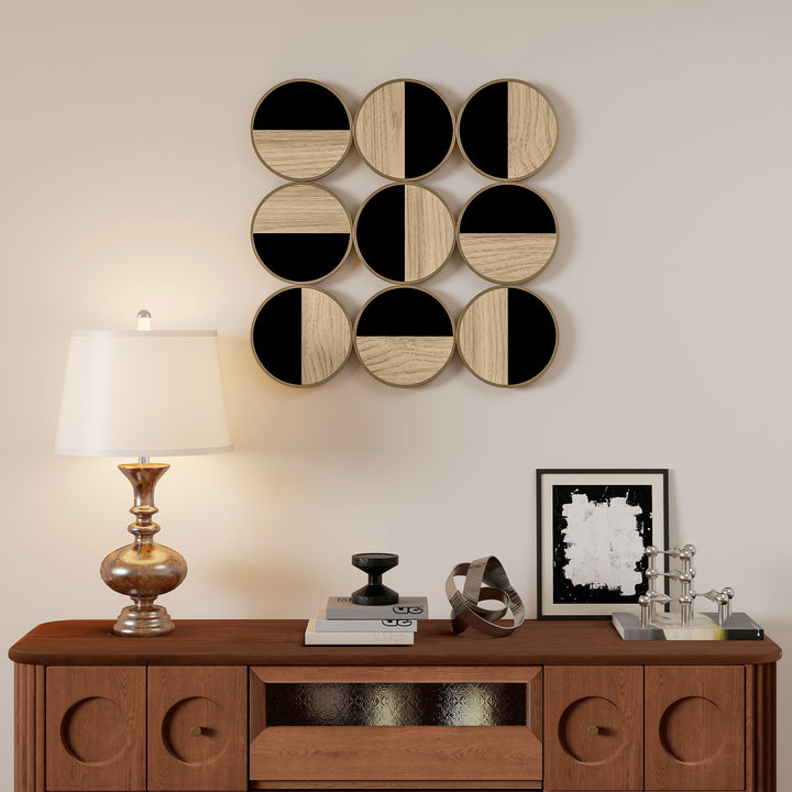 Quadro Decorativo de Parede Geométrico Decoração de Parede Moderno 3D 60x60 cm Quadro de Parede com Espelho de Plástico Estrutura Metálica Preto e Madeira