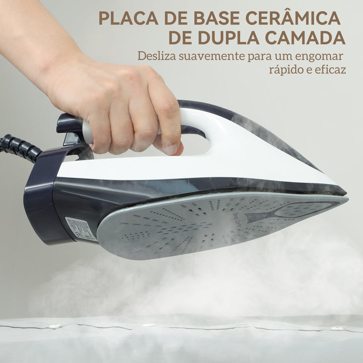Ferro com Caldeira 2800W 100 g/min 8 Bares Função ECO Base de Cerâmica Dupla Camada Engomagem Vertical Potente Desligamento Automático Sistema Anticalcário Autolimpeza Depósito Amovível 2 L Azul