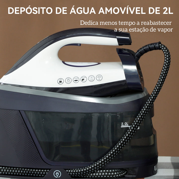 Ferro com Caldeira 2800W 100 g/min 8 Bares Função ECO Base de Cerâmica Dupla Camada Engomagem Vertical Potente Desligamento Automático Sistema Anticalcário Autolimpeza Depósito Amovível 2 L Azul