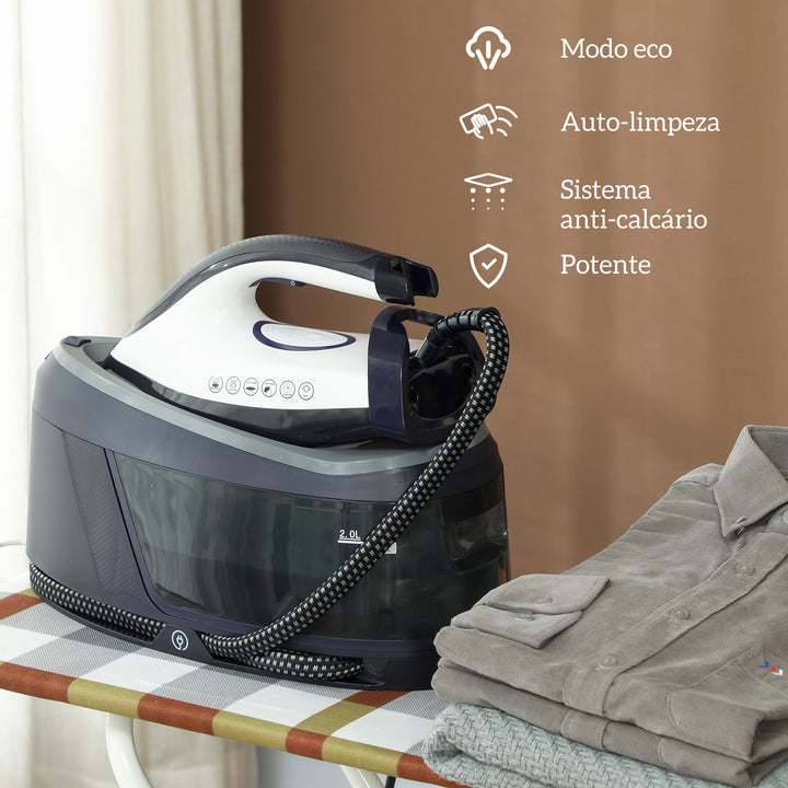 Ferro com Caldeira 2800W 100 g/min 8 Bares Função ECO Base de Cerâmica Dupla Camada Engomagem Vertical Potente Desligamento Automático Sistema Anticalcário Autolimpeza Depósito Amovível 2 L Azul