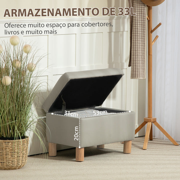 Baú de Armazenamento para Dormitório 33L Puff de Armazenamento Estofado em PU Banco de Arrumação com Pés de Madeira para Corredor Sala de Estar 60x38x40 cm Cinza Claro