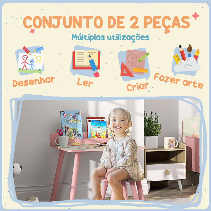 Mesa e Cadeira para Crianças Conjunto de 2 Peás de Mesa Infantil com Cadeira e Prateleira para Livros Secretária para Crianças acima de 3 Anos para Sala de Jogos Dormitório Rosa
