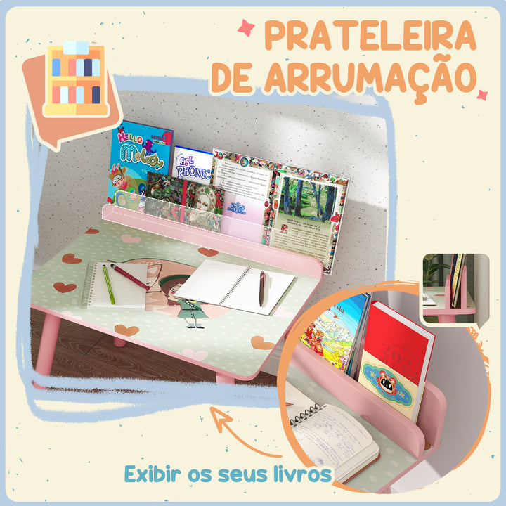 Mesa e Cadeira para Crianças Conjunto de 2 Peás de Mesa Infantil com Cadeira e Prateleira para Livros Secretária para Crianças acima de 3 Anos para Sala de Jogos Dormitório Rosa