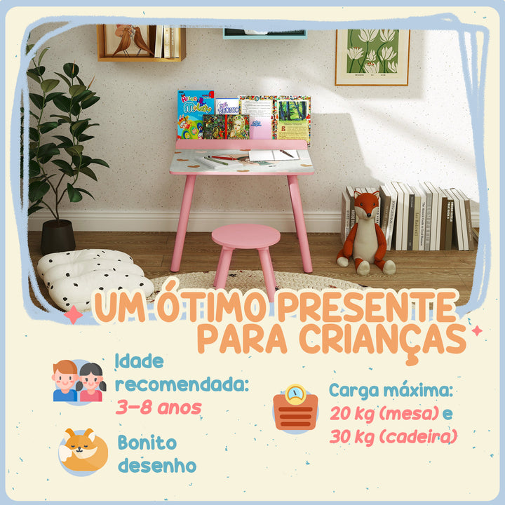 Mesa e Cadeira para Crianças Conjunto de 2 Peás de Mesa Infantil com Cadeira e Prateleira para Livros Secretária para Crianças acima de 3 Anos para Sala de Jogos Dormitório Rosa