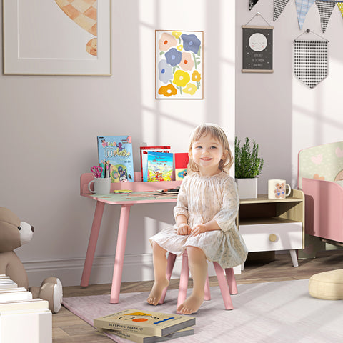 Mesa e Cadeira para Crianças Conjunto de 2 Peás de Mesa Infantil com Cadeira e Prateleira para Livros Secretária para Crianças acima de 3 Anos para Sala de Jogos Dormitório Rosa