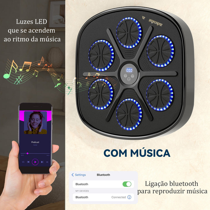 Máquina de Boxe Musical com 9 Modos de Velocidade Luvas e Conexão Bluetooth Boxe Musical de Parede com Luzes LED para Adultos e Crianças em Casa Escritório Ginásio 41,8x44,6x7,5 cm Preto