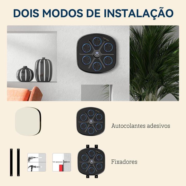 Máquina de Boxe Musical com 9 Modos de Velocidade Luvas e Conexão Bluetooth Boxe Musical de Parede com Luzes LED para Adultos e Crianças em Casa Escritório Ginásio 41,8x44,6x7,5 cm Preto