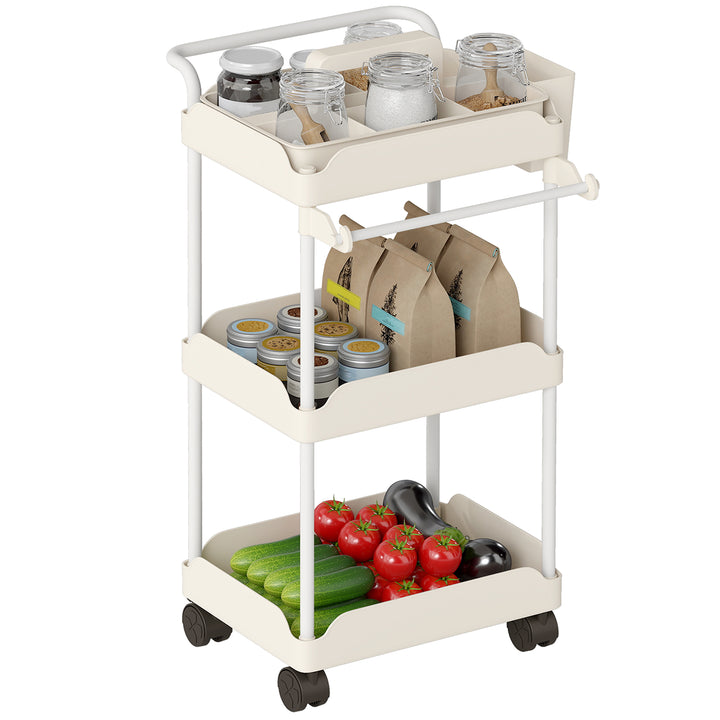 Carrinho Auxiliar com Rodas de 3 Níveis Carrinho de Cozinha com Cestos Extraíveis Rodas com Travão Suporte para Toalhas e Estrutura de Metal Carrinho de Serviço para Casa de Banho 42x42,5x76 cm Branco
