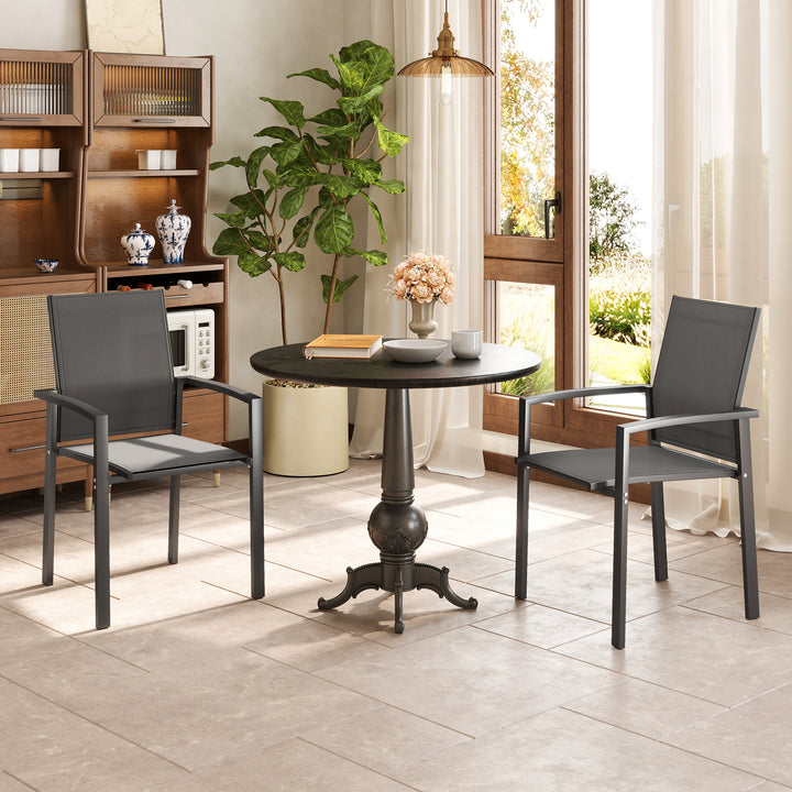 Conjunto de 2 Cadeiras de Jardim Cadeiras de Exterior Empilháveis Cadeiras de Refeição com Tecido Transpirável Estrutura em Aço Apoios de Braços e Encosto 56x58x89 cm Cinzento Escuro