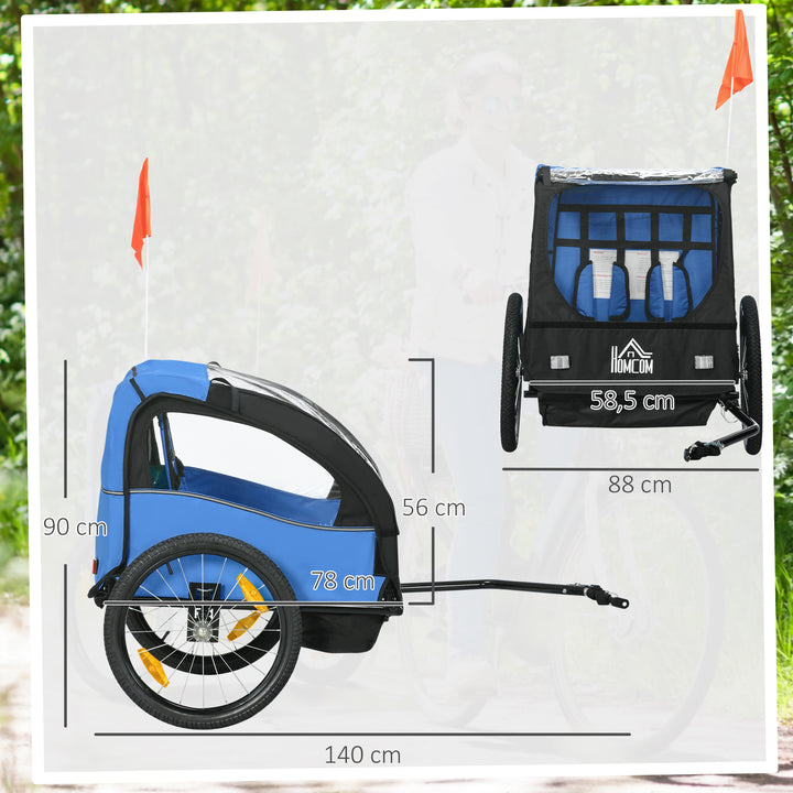 Reboque de Bicicleta para Crianças acima de 18 Meses Reboque de Bicicleta com 2 Lugares com Cinto de Segurança Espaço de Armazenamento e Sistema de Amortecimento 140x88x90 cm Azul