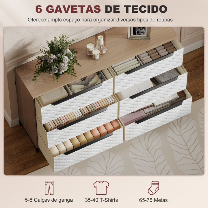 Cómoda com 6 Gavetas de Tecido Cómoda para Quarto Frentes com Padrão de Diamante Móvel de Arrumação para Sala de Estar Escritório Closet 117,5x30x73,5 cm Madeira e Branco