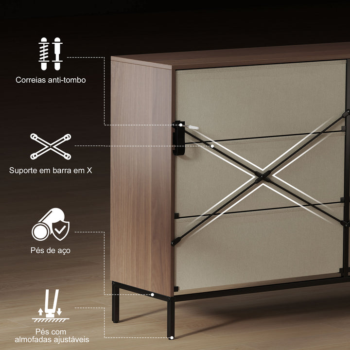 Cómoda com 6 Gavetas de Tecido Cómoda para Quarto Frentes com Padrão de Diamante Móvel de Arrumação para Sala de Estar Escritório Closet 117,5x30x73,5 cm Madeira e Branco