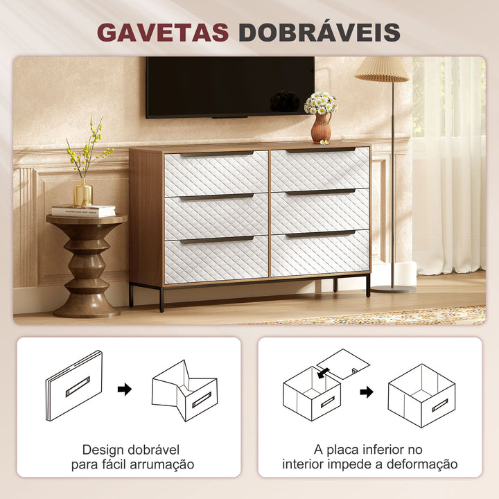 Cómoda com 6 Gavetas de Tecido Cómoda para Quarto Frentes com Padrão de Diamante Móvel de Arrumação para Sala de Estar Escritório Closet 117,5x30x73,5 cm Madeira e Branco