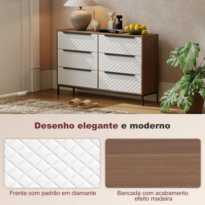 Cómoda com 6 Gavetas de Tecido Cómoda para Quarto Frentes com Padrão de Diamante Móvel de Arrumação para Sala de Estar Escritório Closet 117,5x30x73,5 cm Madeira e Branco
