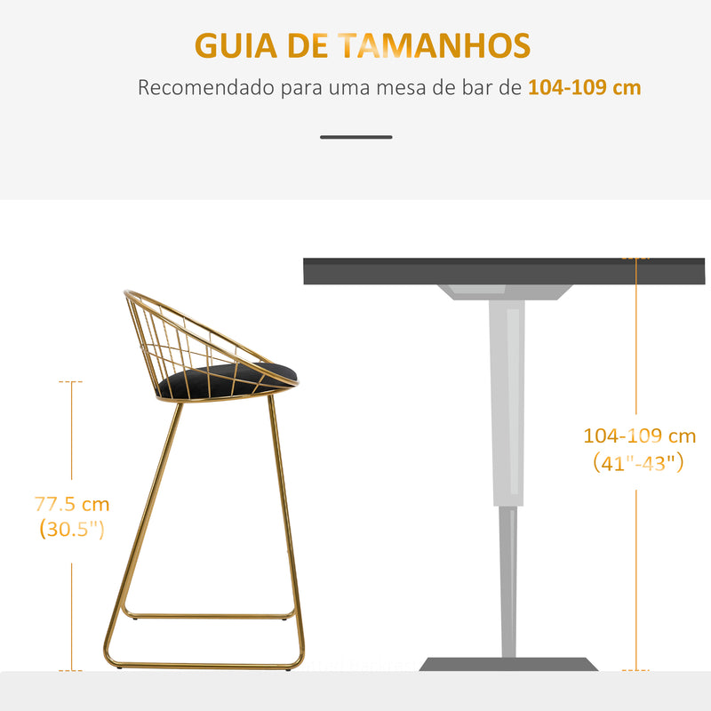 Conjunto de 2 Bancos Altos de Cozinha com Assento em Tecido Bancos de Bar Cadeiras Acapulco com Encosto e Apoio para os Pés para Sala de Jantar 52,5x47x97 cm Dourado